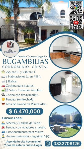 Casa en Venta en Bugambilias, Condominio Cristal. 255 Mts.