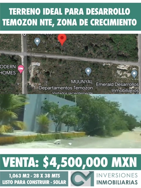 VENTA DE TERRENO PARA DESARROLLO EN TEMOZN NORTE MERIDA YUC.