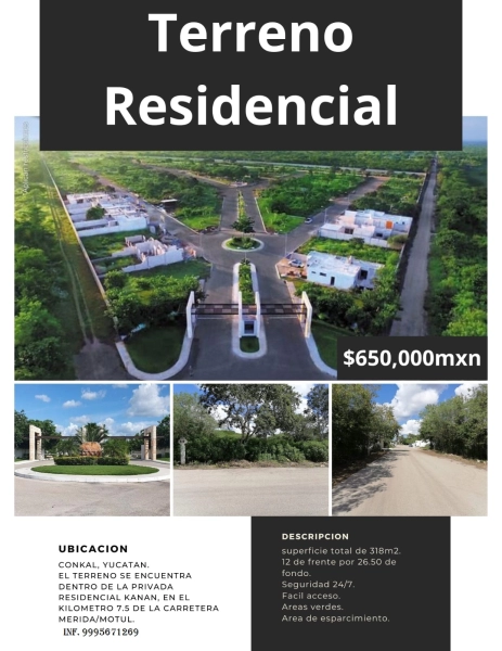 VENTA DE TERRENO RESIDENCIAL EN PRIVADA EN CONKAL MERIDA YUC